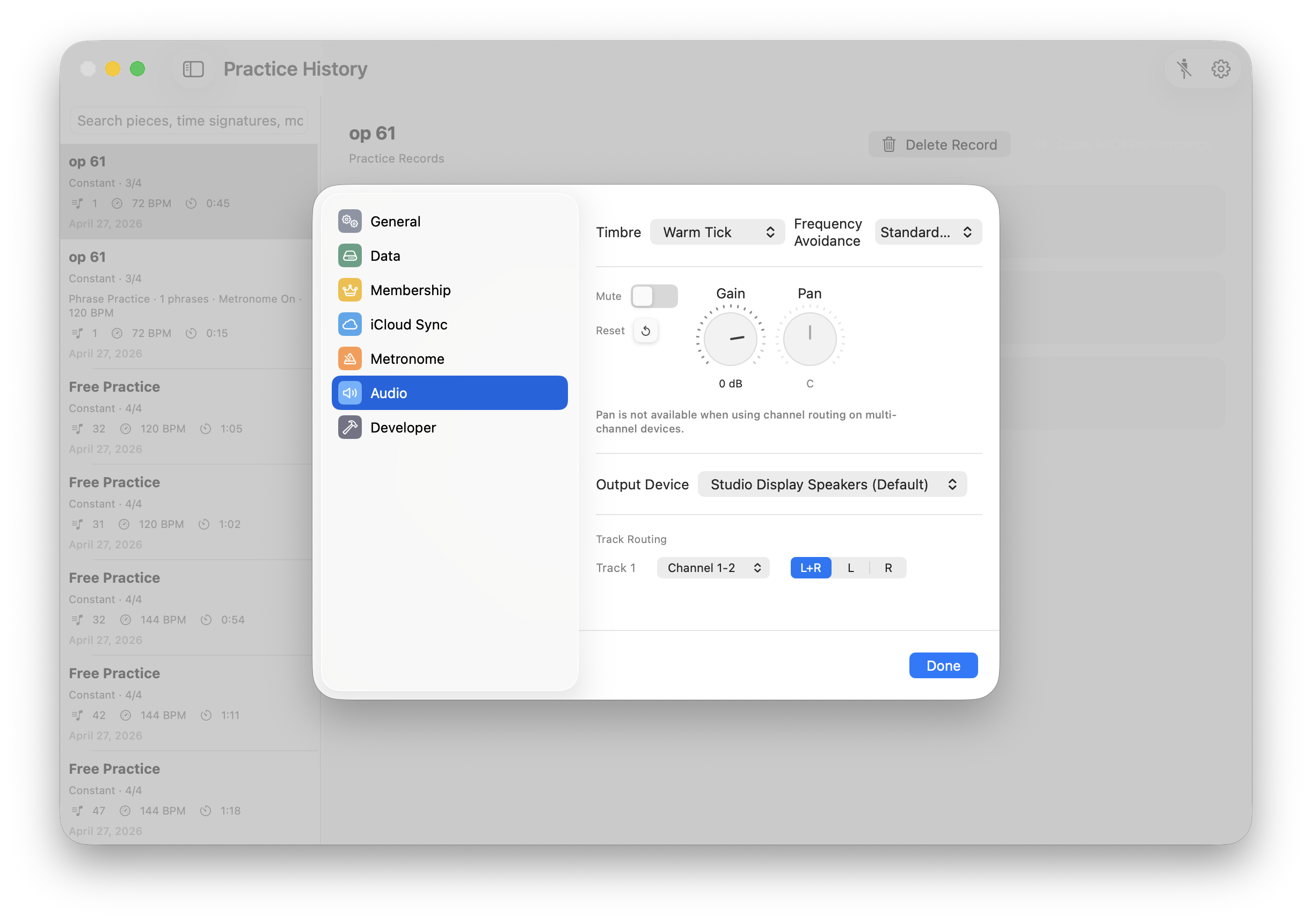 TempoPro audio output settings