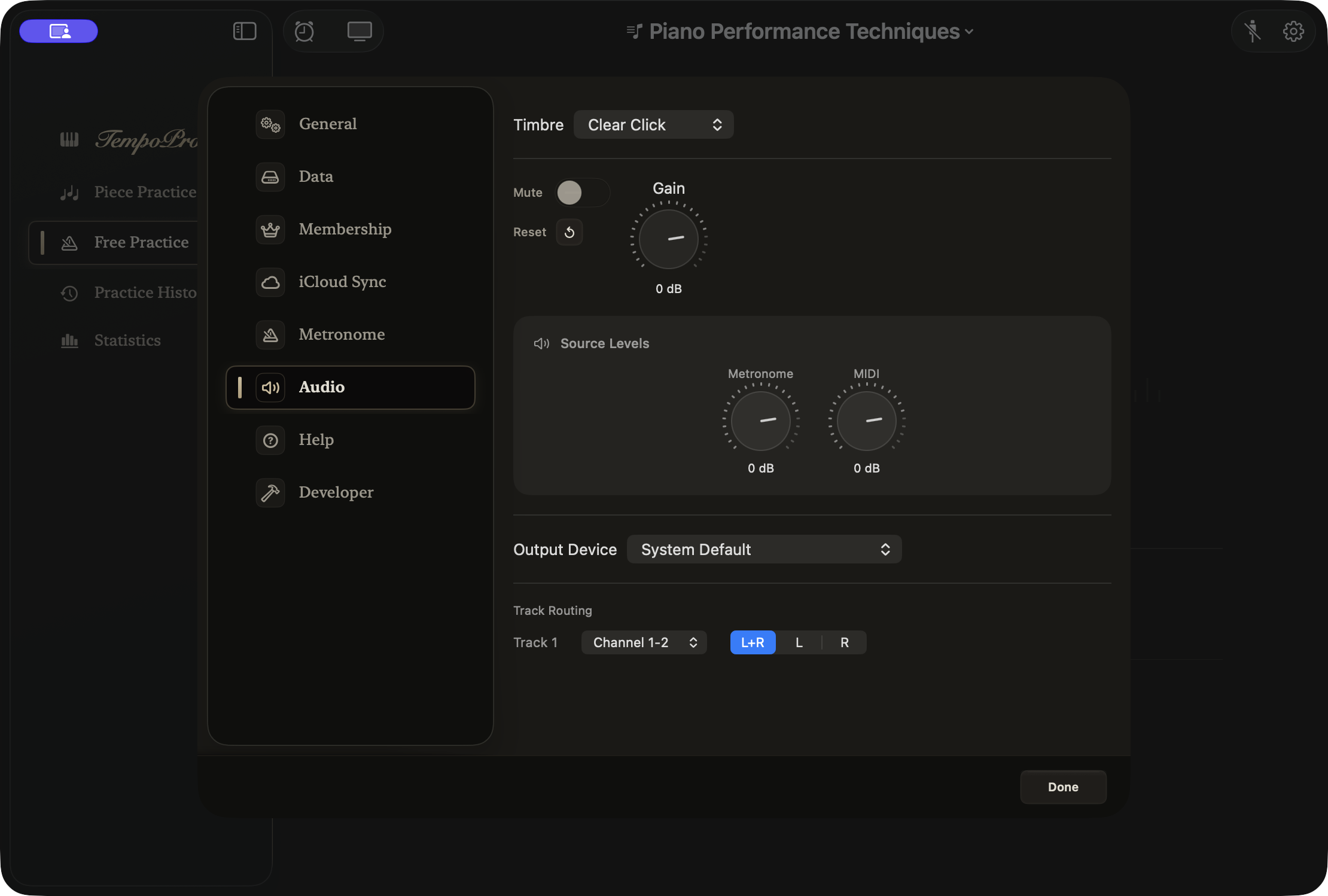 PianoTrace Mac audio output and channel settings